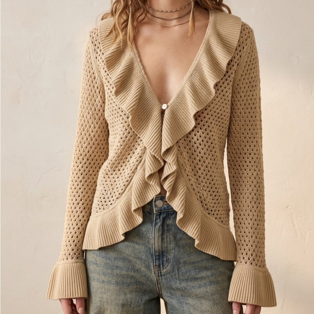 Vintage Faded Glory Ruffle Open Knit Cardigan Sweater XL Y2K Sandy Beige
Bratz